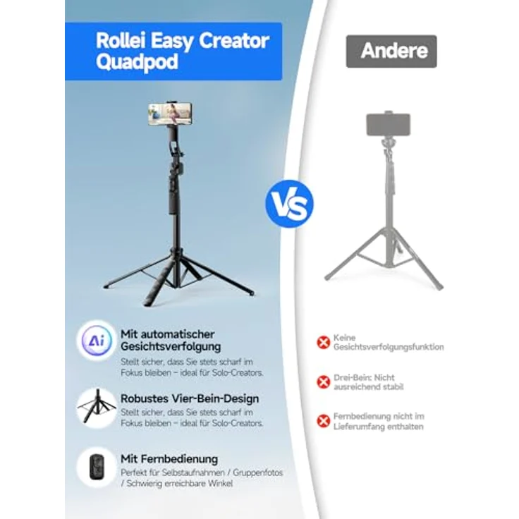 Rollei Easy Creator Quadpod mit AI Tracking, Höhenverstellbar bis 1,63 m, stabile Quadpod-Basis für verwacklungsfreie Videos – Bild 5