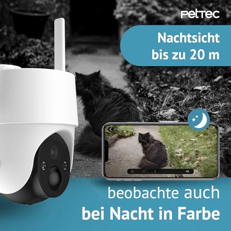 PetTec Pet Cam Free'n 360, Wi-Fi/WLAN 2.4GHz Überwachungskamera mit 3MP, Akku, Pan&Tilt, Bewegungserkennung bis 30m, Nachtsicht bis 20m, IP65, Flutlicht & Sirene – Bild 5