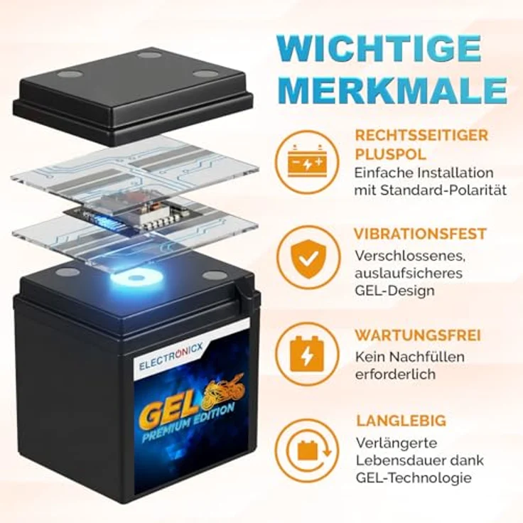 Electronicx GEL-12N7-3A GEL Motorradbatterie 7Ah 12V, wartungsfrei, auslaufsicher und zyklenfest für Motorrad, Roller und Quad – Bild 3