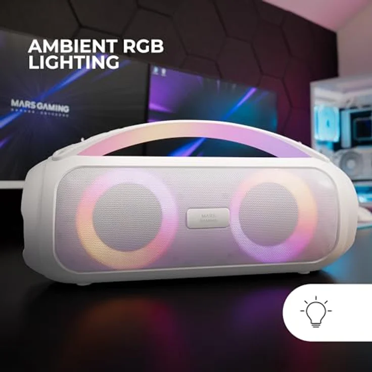 Mars Gaming MS-Pulse, Tragbarer 50W RMS Bluetooth-Lautsprecher mit RGB-Beleuchtung, 2 Aktive 93mm Treiber, 2 Passive Ultra-Bass-Treiber, USB/MicroSD/AUX/FM, Weiß – Bild 4