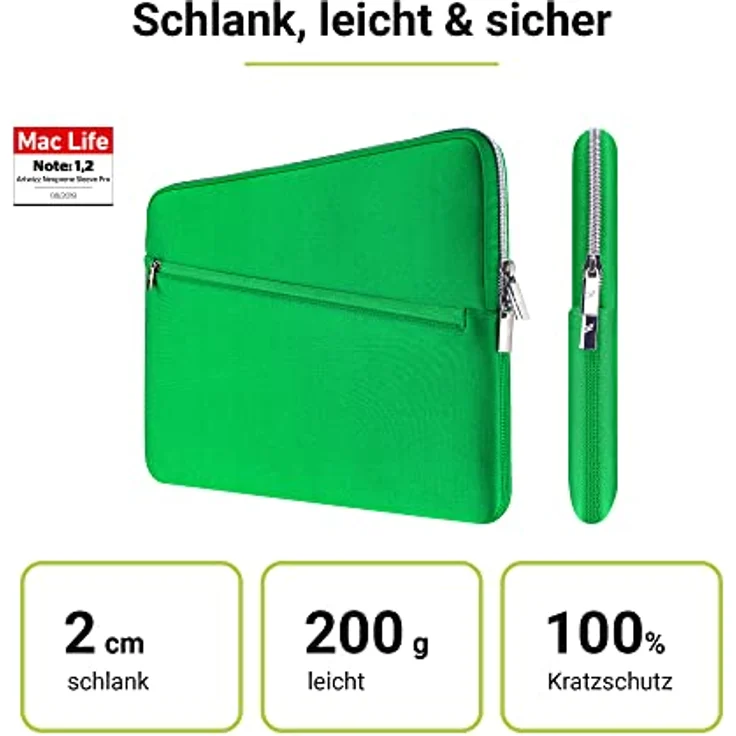 Artwizz Neoprene Sleeve Pro Tasche, MacBook Air 13 (2018-2024), MB Pro 13 (2016-2022), Schutzhülle mit Zubehör-Fach, Grass Green – Bild 3