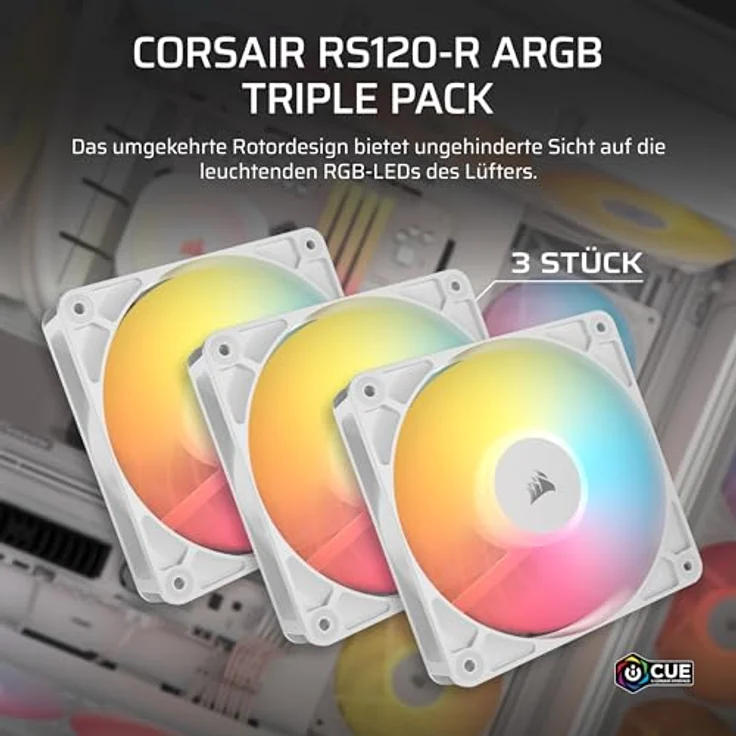 Corsair RS120-R ARGB 120-mm-PWM Gehäuselüfter, 5 ARGB-Reverse-Lüfter mit hohem statischen Druck, Daisy-Chain-Schaltung, magnetischem Domlager, Zero-RPM-Modus – Dreierpack – Weiß – Bild 3