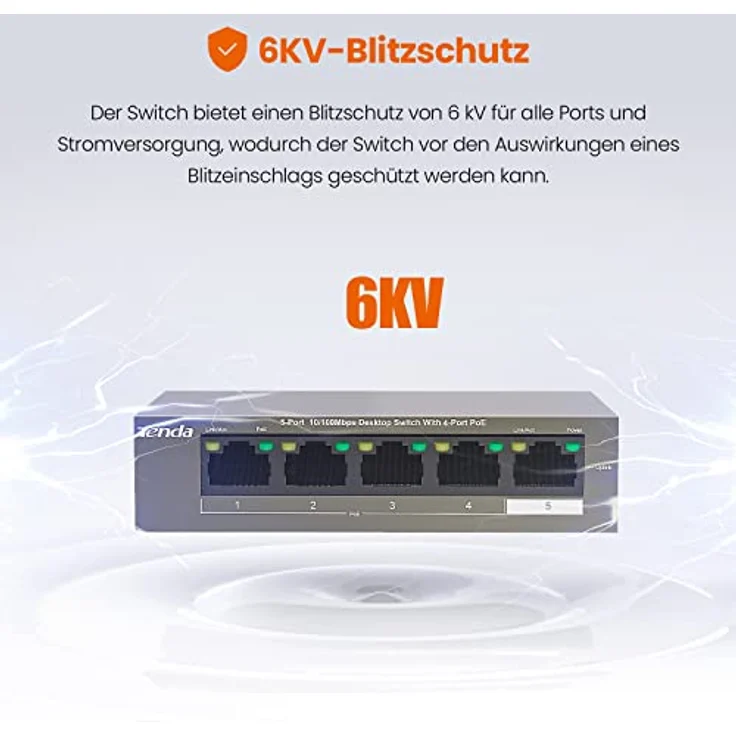 Tenda TEF1105P-4-63W - 5 Port 10-100 MBit-s Desktop Switch mit 4 Port PoE, 63 Watt, Zusätzlich 1x Uplink, Vollduplex, Metallgehäuse, 250 Meter, Plug & Play – Bild 4