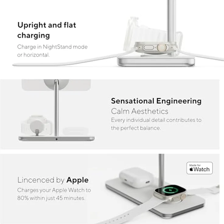 LINQ Connects ProCharge 3in1, Wireless Charger für iPhone, Apple Watch und AirPods, 15 W Schnellladung, Weiss, Silber – Bild 3