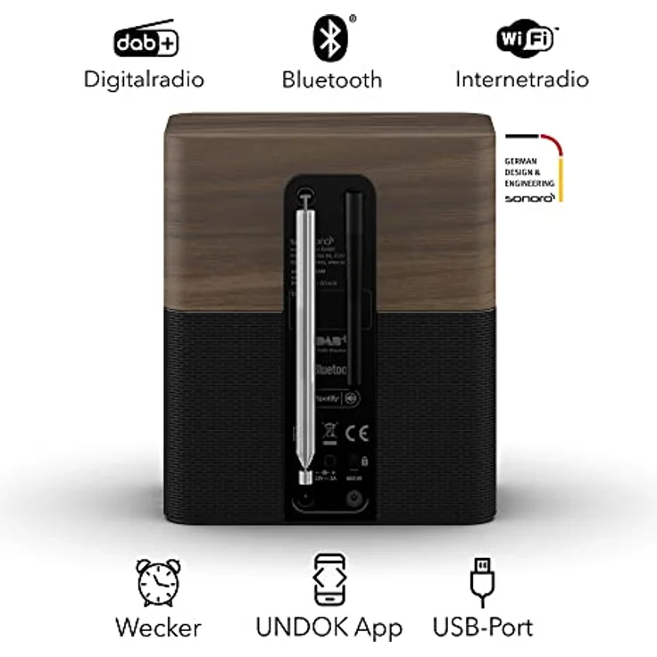 sonoro Stream Internetradio mit Bluetooth & DAB Plus (UKW/FM, WLAN, Spotify, Amazon, Deezer, App, spritzwassergeschützt) Küchenradio Walnuss/Schwarz – Bild 3