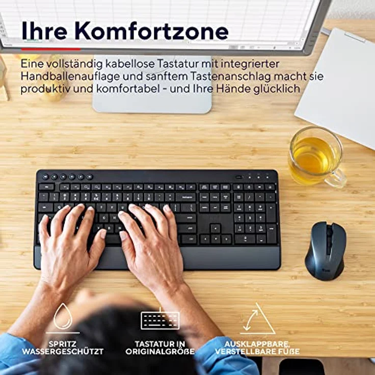 Trust Trezo Tastatur Maus Set Kabellos, Deutsches QWERTZ-Layout, Nachhaltiges Design, Kabellose mit Funkmaus, Leise und Ergonomische Combo, 48 Monaten Batterielaufzeit, 2.4 GHz, PC, Laptop, Schwarz – Bild 4