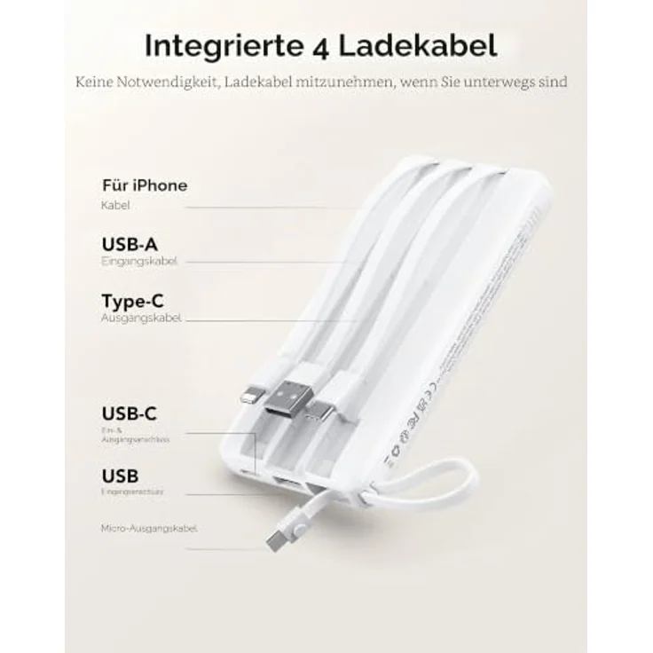 VRURC Powerbank 10000mAh, tragbares Ladegerät mit 5 Ausgängen, USB-C, LED-Anzeige und integriertem Kabel, kompatibel mit iPhone/Huawei/Samsung – Bild 2