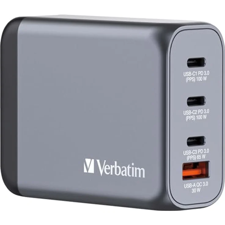Verbatim GNC-100 GaN Charger, 100 W USB Ladegerät mit 4 Anschlüssen, Grau – Bild 1