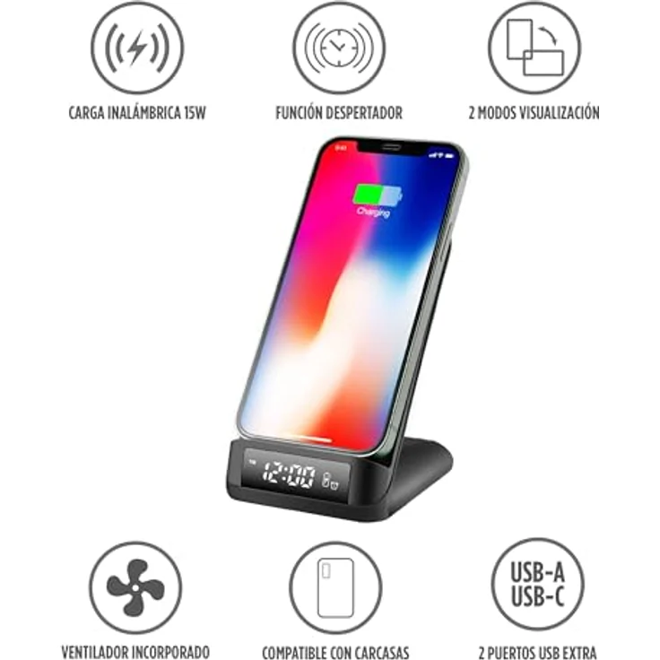 KSIX Qick Wireless Charger/Alarm Clock, 15 W, Schwarz, schnelles kabelloses Laden und praktische Weckfunktion – Bild 2