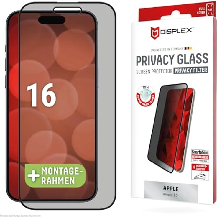 Displex Privacy Full Cover Panzerglas (10H) für Apple iPhone 16, Eco-Montagerahmen, Privacy Filter, Tempered Glas, kratzer-resistente Schutzfolie, hüllenfreundlich, in Transparent – Bild 1