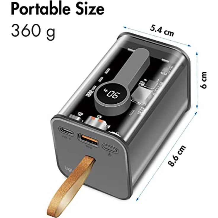 LogiLink Powerbank 20000 mAh mit 7-Fach Schutz, 1x USB-C mit PD (Power Delivery 3.0) & 1x USB-A mit QC (Quick Charge 3.0), mit Display, transparentes Design – Bild 5