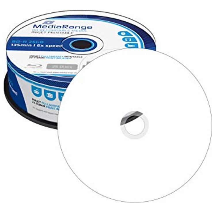 MediaRange BD-R 25GB 6-Fache Schreibgeschwindigkeit, Vollflächig bedruckbar, 25er Cakebox – Bild 3
