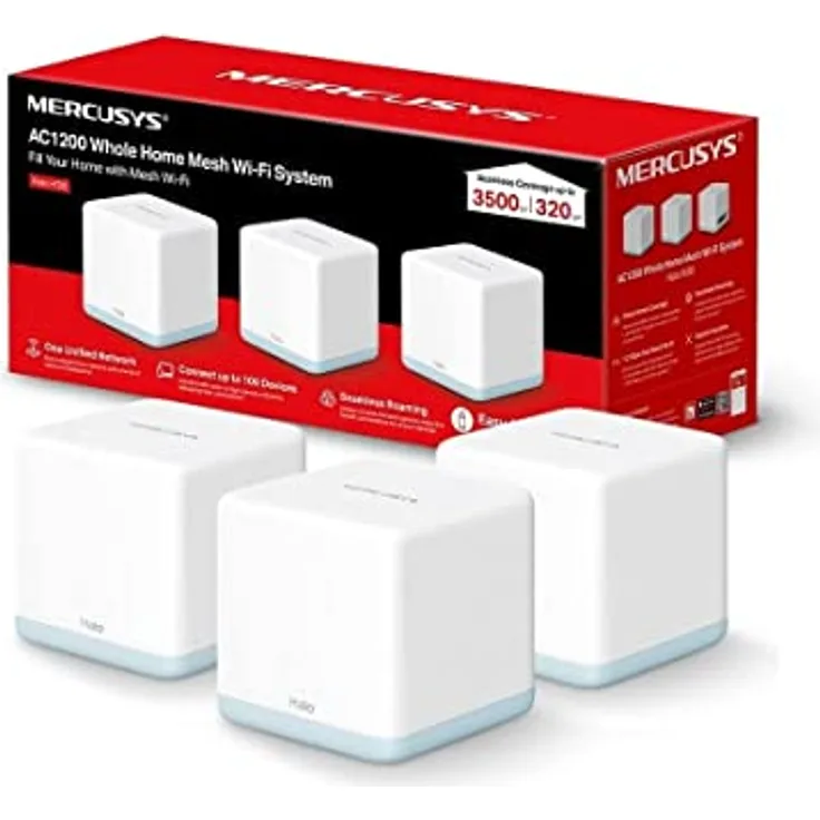 [Neu] MERCUSYS Halo H30(3-Pack) - AC1200 Wi-Fi Mesh, 10/100 MB/s Ehernet-Anschluss, Dual-Band 2. 4 GHz/5 GHz, bis zu 320 m2, MU-MIMO, Kindersicherung, einfache Einrichtung App, Weiß Co