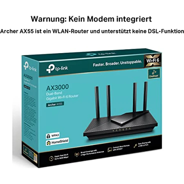 TP-Link Archer AX55 Wi-Fi 6 WLAN Router (2402 Mbit/s 5 GHz, 574 Mbit/s 2,4 GHz, 4 × Gigabit LAN-Ports, 1 × USB 3.0 Port, unterstützt keine DSL-Funktion – Bild 2
