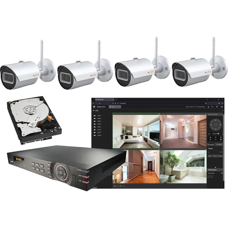 LUPUS Smart-Home Videoüberwachungs-Set, 4x LE202 WLAN 4MP IP-Kamera und 1x LE918 4K 8-Kanal NVR Rekorder mit 2TB Festplatte, weiß