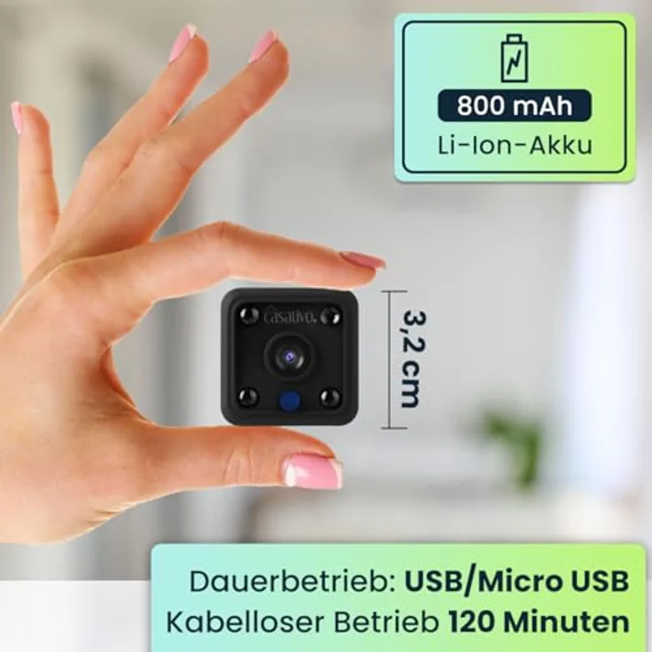 Casativo Micro-IP-Kamera, Akkubetrieb HD 720p, 120° Weitwinkel, Nachtsicht, WLAN, Schwarz – Bild 5