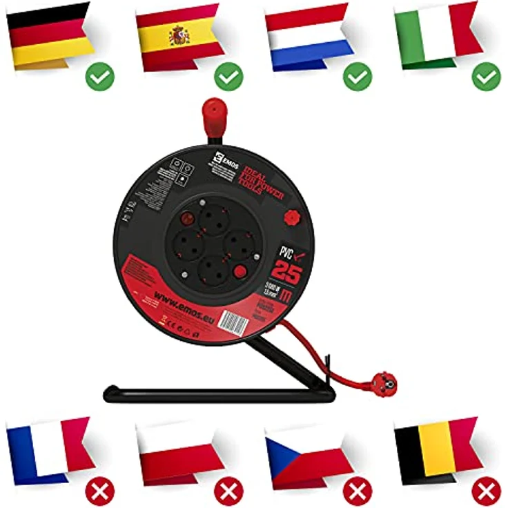 EMOS P092251 Kabeltrommel für Innen, 25 m mit 4 Steckdosen und Schalter, 1,5 mm Schuko, Indoor Trommel, Schutzklasse IP 20, 3680 W – Bild 2