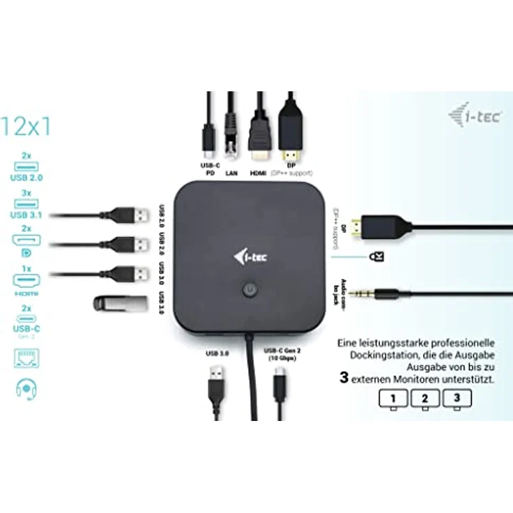 iTEC USB-C HDMI+2x DP Dock PD iTEC HDMI Dual DP PD 100W (C31Triple4Kdockpdpro) - Laptop-Dockingstation mit Unterstützung von bis zu drei externen 4K Monitoren, Auflösung von 5K/60 Hz, und 100W-Ladeadapter – Bild 3
