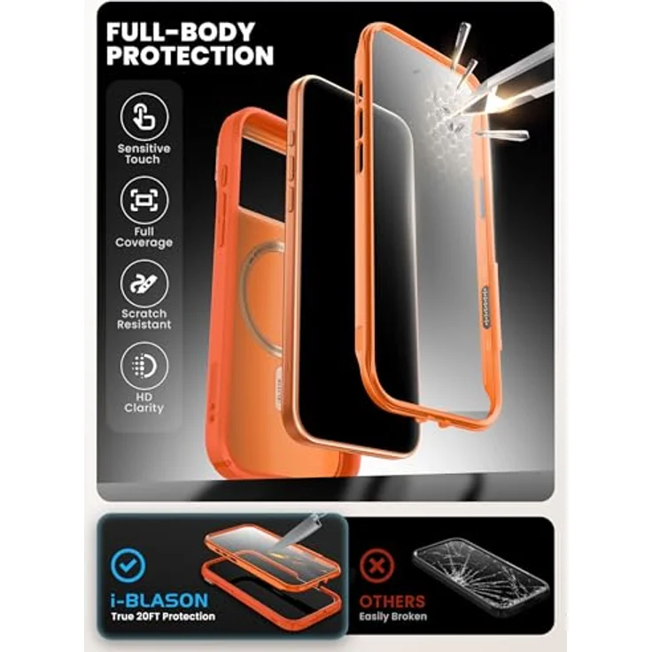 i-Blason Ares Flip Hülle für iPhone 17 Pro Max, orange, Stoßfest bis 6m, 360° Schutz, MagSafe-kompatibel – Bild 3
