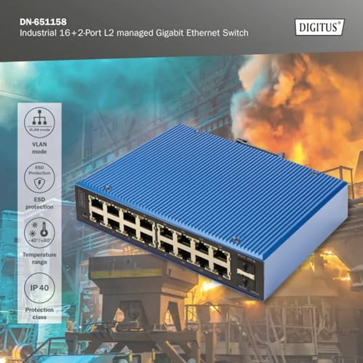 DIGITUS industrieller Managed 18-Port Gigabit Ethernet Netzwerk-Switch - 16x RJ45 + 2X SFP-Uplink - 1x Console Port - L2 Managed - Hutschienenmontage - 10/100/1000Mbps – Bild 5