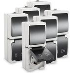 ABSINA 6x Aufputz Schalter Steckdose Kombination mit IP44, grau - Feuchtraum geeignet, Wechselschalter 250V & 16A, Kunststoffplättchen für sichere Nutzung