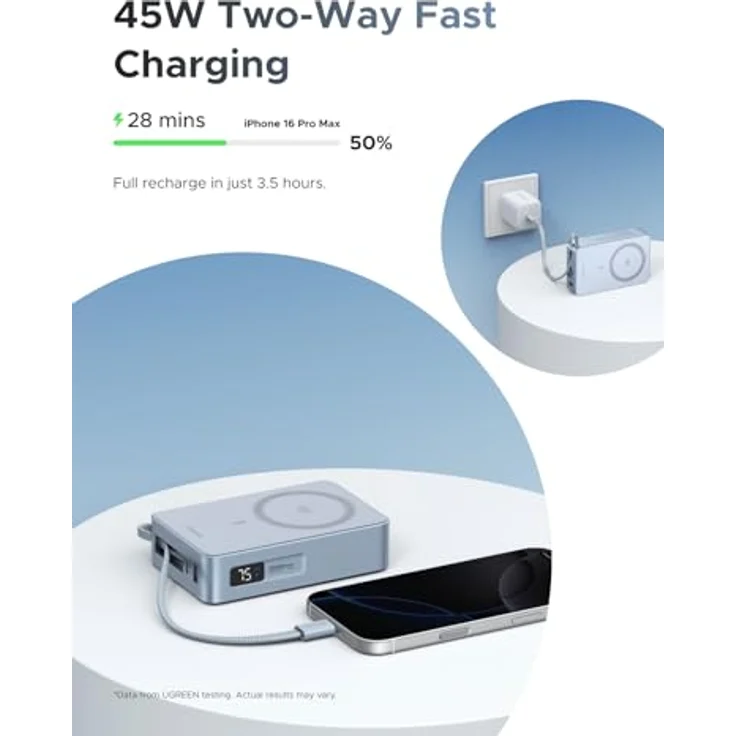UGREEN MagFlow Magnetische Powerbank 20000mAh 25W, Qi2 Magsafe, integriertes 30W Kabel, LED-Bildschirm, PD30W USB-C Zwei-Wege-Schnellladung für iPhone 17 Pro/Pro Max – Bild 3