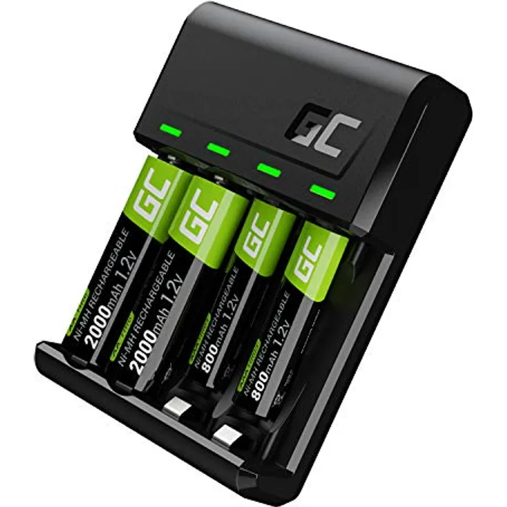 Green Cell VitalCharger Ladegerät mit 2x 2000mAh + 2x 800mAh Ni-MH AA/AAA, 4-Kanal-System, Micro USB-C, LED-Signalisierung