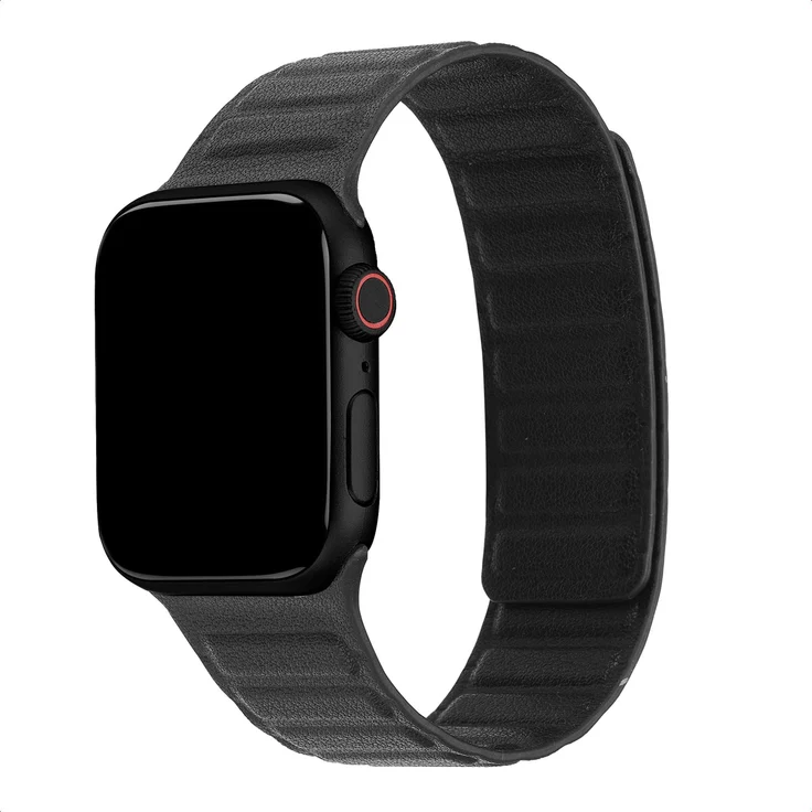 Accezz Magnetisches Echtlederarmband für Apple Watch, 44/45/46/49 mm, Schwarz, mit verstellbarem Magnetverschluss und natürlicher Patina