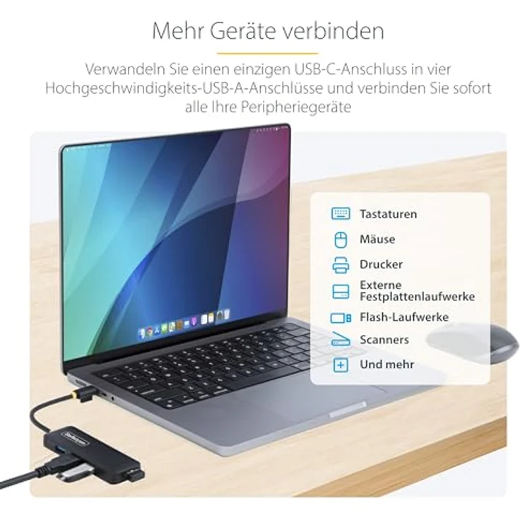 StarTech.com 4-Port USB-C Hub, Mini USB 3.0 Splitter mit integriertem USB-C-Kabel, kompakt und busbetrieben – Bild 2