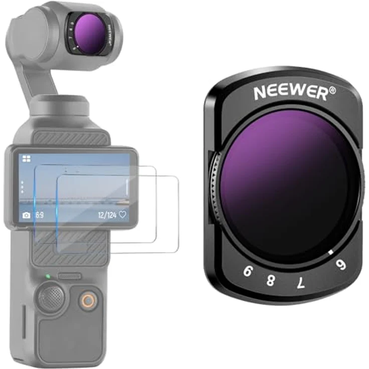 NEEWER Variabler ND64-512 Filter für DJI Osmo Pocket 3/4, Magnet ND Filter mit 6-9 Blendenstufen und 2 Displayschutzfolien – Bild 1