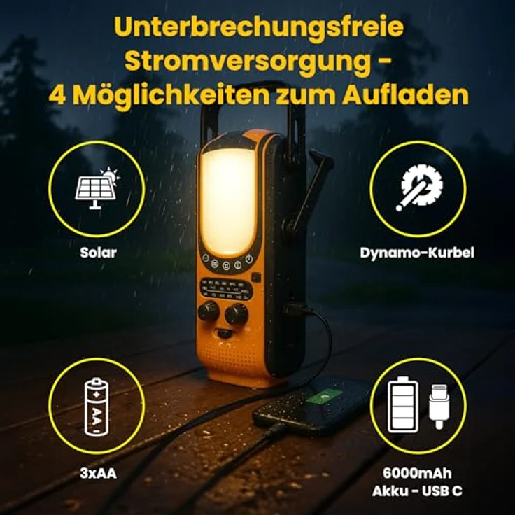 Extralink Power Ranger EPS-6000 Powerbank 6000 mAh UKW-Radio LED-Licht Handkurbel Solarpanel Notbeleuchtung und SOS-Alarmsystem, Schwarz/Gelb – Bild 3