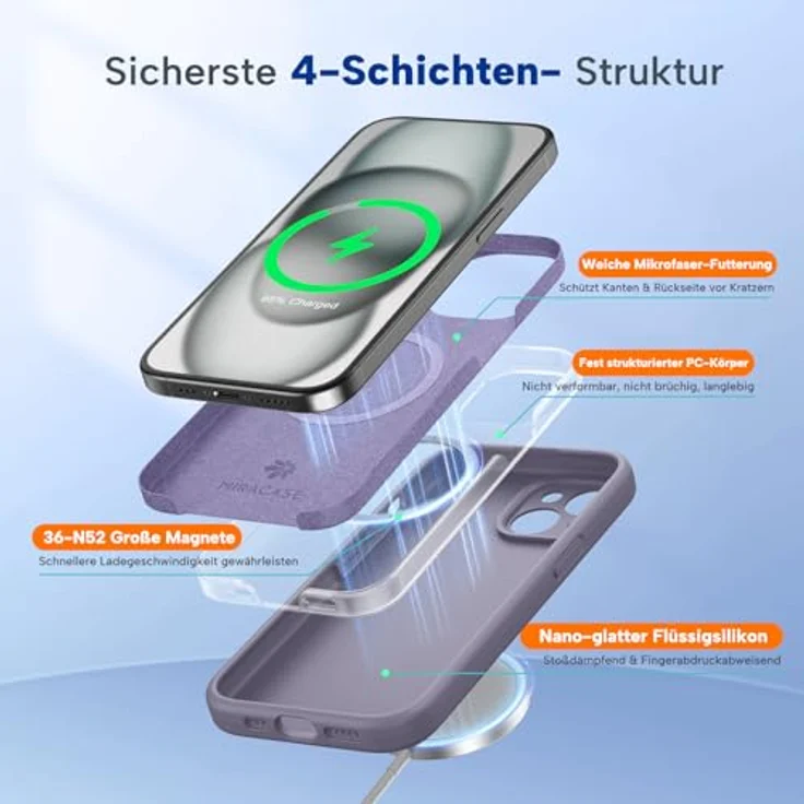 miracase iPhone 15 Hülle mit MagSafe, Flüssigsilikon mit kratzfestem Mikrofaser-Innenfutter, stoßfeste Handyhülle in Lavendel Grau – Bild 3