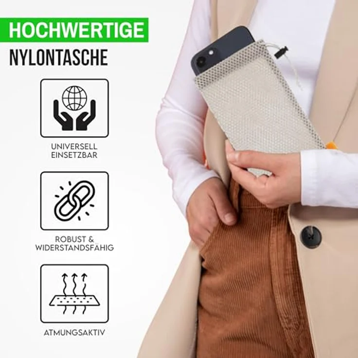 wortek Universal Handytasche 18,5x9 cm, Nylon Mesh Beutel für Smartphones bis 6,5 Zoll, grau, mit Kordelzug, flexibel und schützendes Design – Bild 4