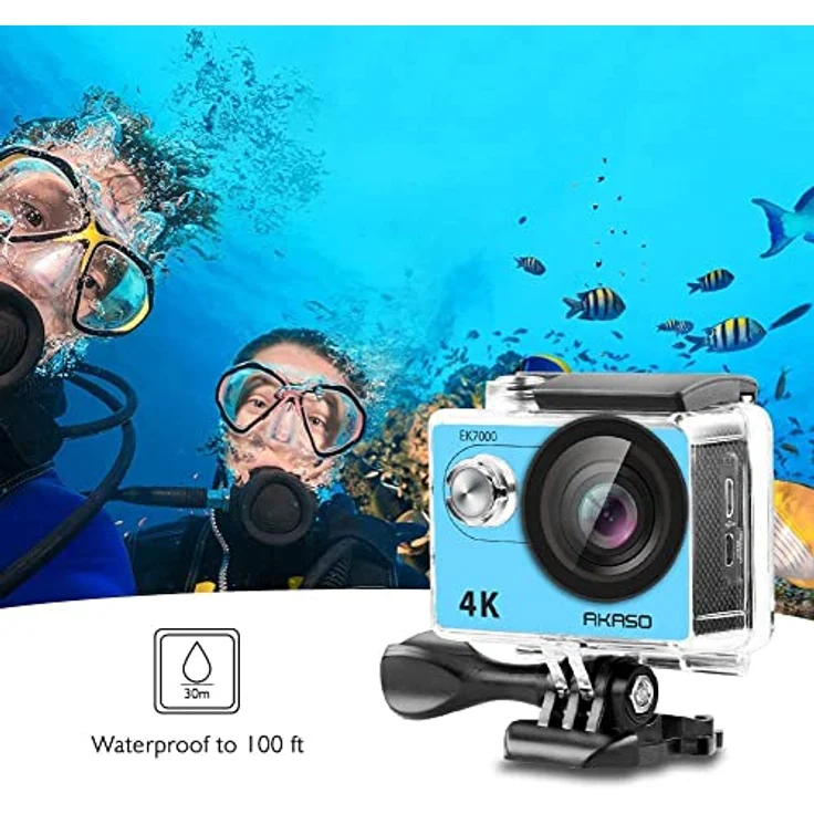 AKASO EK7000 Action Kamera, 4K 30FPS, 170° Weitwinkel, 20MP, WiFi, wasserdicht bis 30m, 2 Zoll LCD, blau, inklusive 2 Batterien – Bild 4