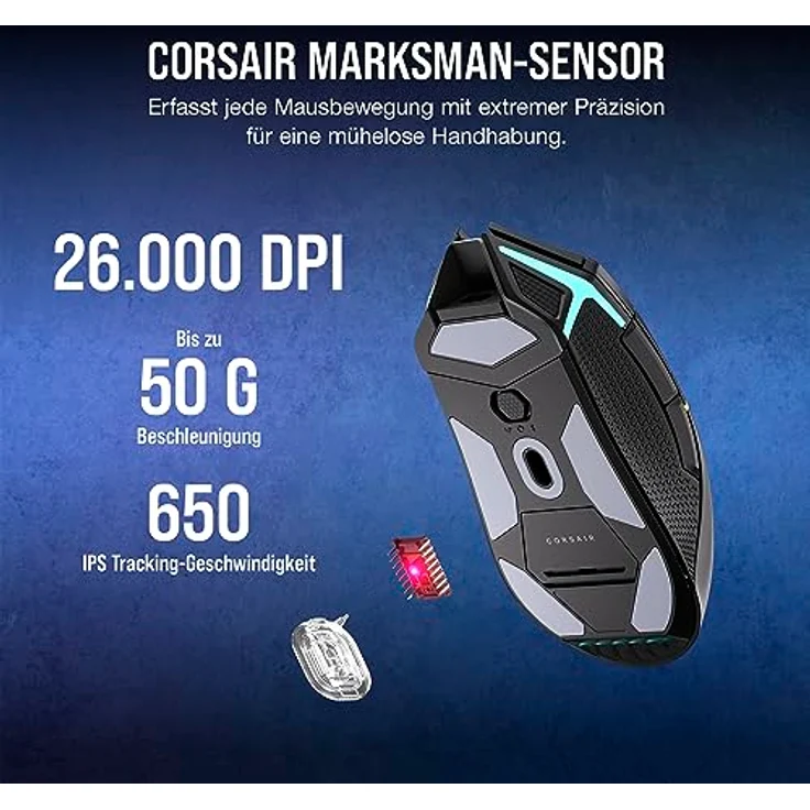 Corsair NIGHTSABRE RGB Wireless Gaming-Maus Für FPS, MOBA - 26.000 DPI - 11 Programmierbare Tasten - Bis zu 100 Stunden Akku - iCUE-Kompatibel - Schwarz – Bild 4
