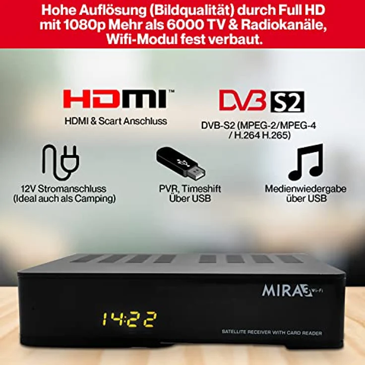 M@TEC Amiko MIRA3 HD Sat Receiver mit Aufnahmefunktion, Kartenslot, Timeshift, HDMI, PVR, USB, WiFi, AAC-LC, SCART, Coaxial - Sat Receiver HD für Satelliten, 12V Netzteil + HDMI Kabel - Schwarz – Bild 3