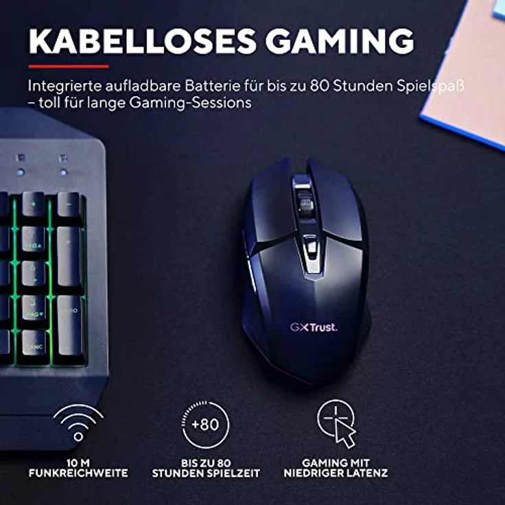 Trust Gaming GXT 110 Felox Wiederaufladbare Kabellose Gaming-Maus, 80 Stunden Akkulaufzeit, 800-4800 DPI, LED-Beleuchtung, 6 Tasten, Wireless Mouse für PC, Laptop, Computer, Windows – Schwarz – Bild 2