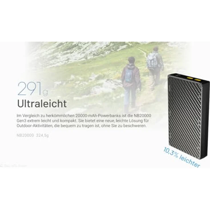 Nitecore Powerbank NB20000 Gen3 - Tragbare Power Bank mit 20000mAh und Kohlefaser, USB-C Ladegerät, Power Delivery - Ultraleicht & Flugtauglich – Bild 2