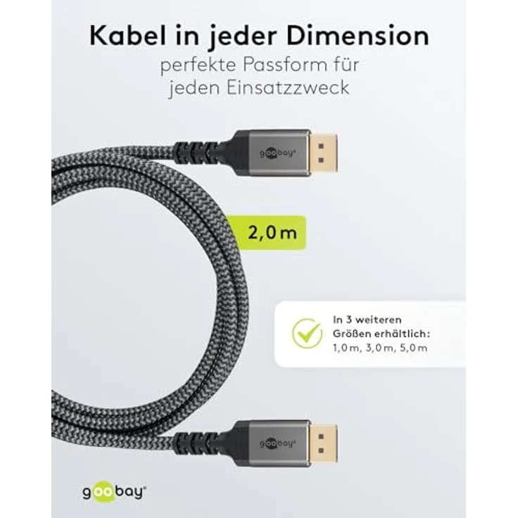 goobay 65265 Displayport Kabel 1.4, bis 8K@60Hz (UHD), 32,4 Gbit/s, Gaming & Video Streaming, vergoldete Stecker, Grau, 2m – Bild 5