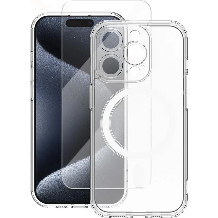 Vmax Set Mag Hülle + Glas 2,5D Premium für iPhone 15 Pro Max 6,7", 360° Schutz, Magsafe-kompatibel, transparente Anti-Fall-Hülle mit gehärtetem Glas