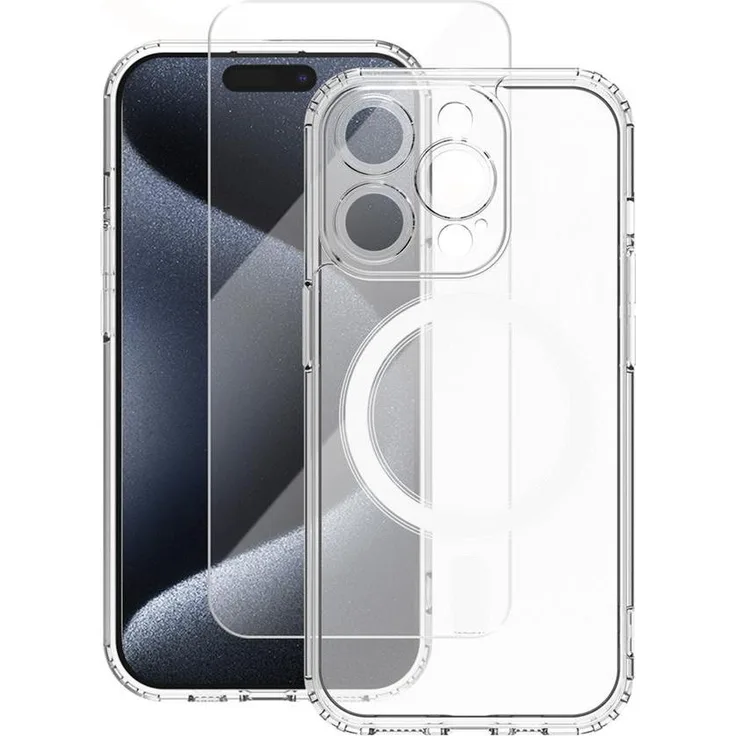 Vmax Set Mag Hülle + Glas 2,5D Premium für iPhone 15 Pro Max 6,7", 360° Schutz, Magsafe-kompatibel, transparente Anti-Fall-Hülle mit gehärtetem Glas