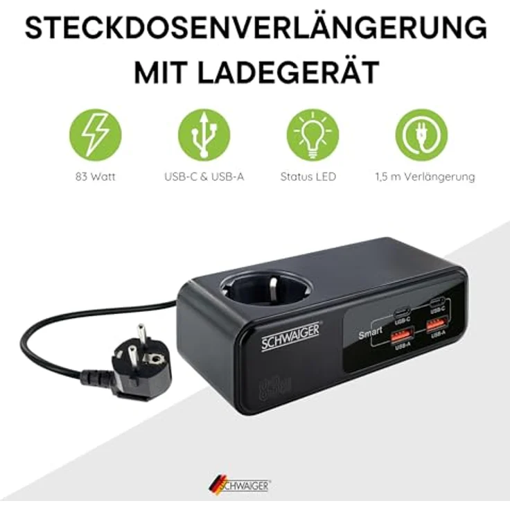 SCHWAIGER LADV4115 Steckdosenverlängerung 83W Verlängertes Ladegerät Ladestation Ladeadapter USB-C USB-A Schnellladegerät, Schwarz – Bild 3