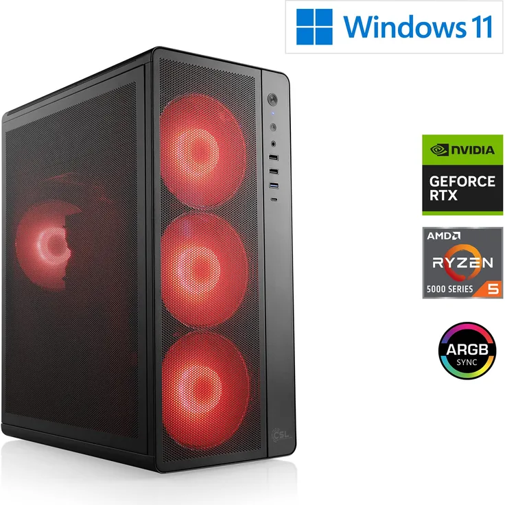 CSL-Computer Gaming PC M12050H, AMD Ryzen 5 5600, 3500 MHz, GeForce RTX 5060 Ti, 16 GB DDR4 RAM, 1000 GB M.2 SSD, Windows 11 Home, USB 3.2