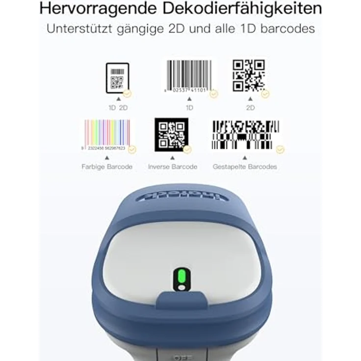 Inateck BCST-73 1D-2D Barcodescanner, kabellos 2.4GHz, Bluetooth 5.0, Displayscannen – Bild 3