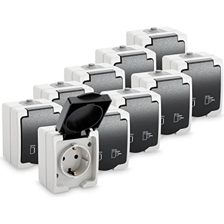 greate 10x Aufputz Steckdose 1fach für Feuchtraum, grau - IP44, 250V, 16A, 2 polig – Bild 1