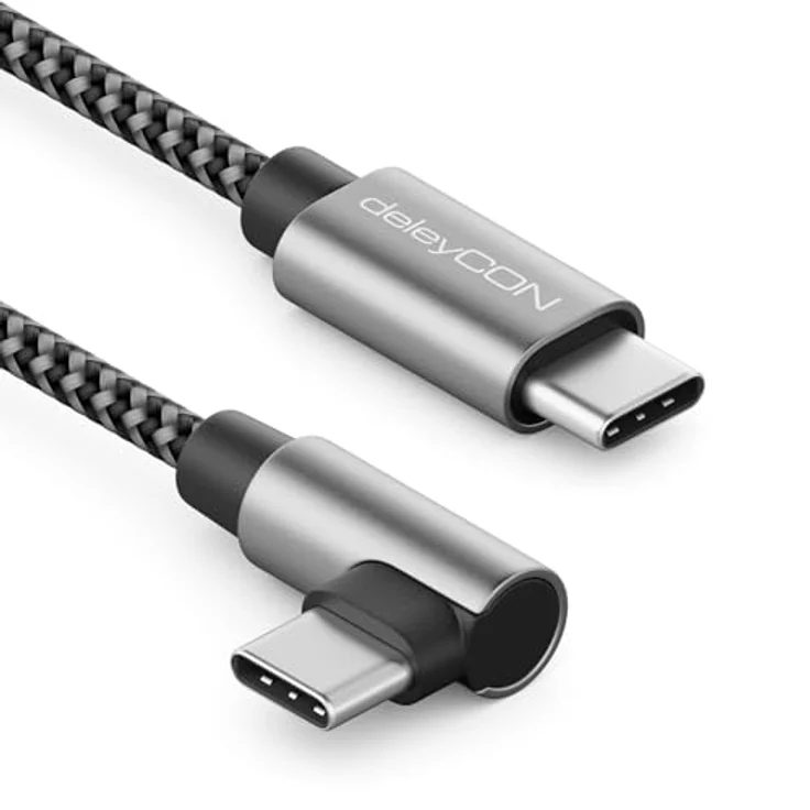 deleyCON 1,5m USB C Kabel 90° Gewinkelt PD3.0 (60W Schnellladekabel) C auf C, Grau-Schwarz, für iPhone 16/15 Pro Max, Samsung Galaxy S25/S24/S23/S22, Pixel, iPad Pro, MacBook Air, Tablets, Switch, PS5 – Bild 1