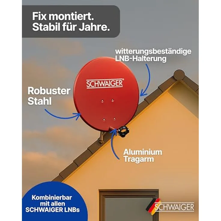 SCHWAIGER Satellitenschüssel Komplettset Ø 60 cm, Stahl Offset Antenne in Rot, inkl. Twin LNB für Digital HD & 4K Empfang, hitzebeständig & wetterfest, für 2 Teilnehmer – Bild 5