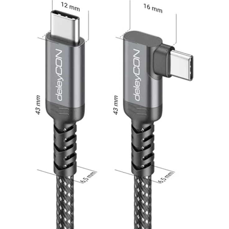 deleyCON 1m 240W USB-C Kabel Winkel 90 Grad, Schnellladekabel USB-C auf USB-C mit PD 3.0, geflochtenes Nylon, kompatibel mit iPhone 17, Galaxy S25, iPad, MacBook, PS5 – Bild 2