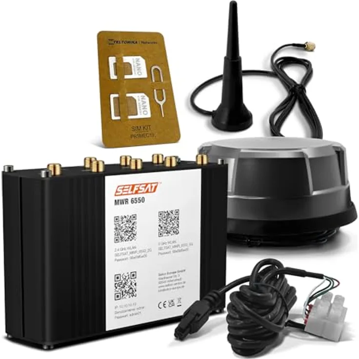 SELFSAT MWR 6550 5G Cat 20 WiFi 6 WLAN Router bis 3,4 Gbps mit Panorama Antenne, schwarz, für Wohnmobile und Wohnwagen