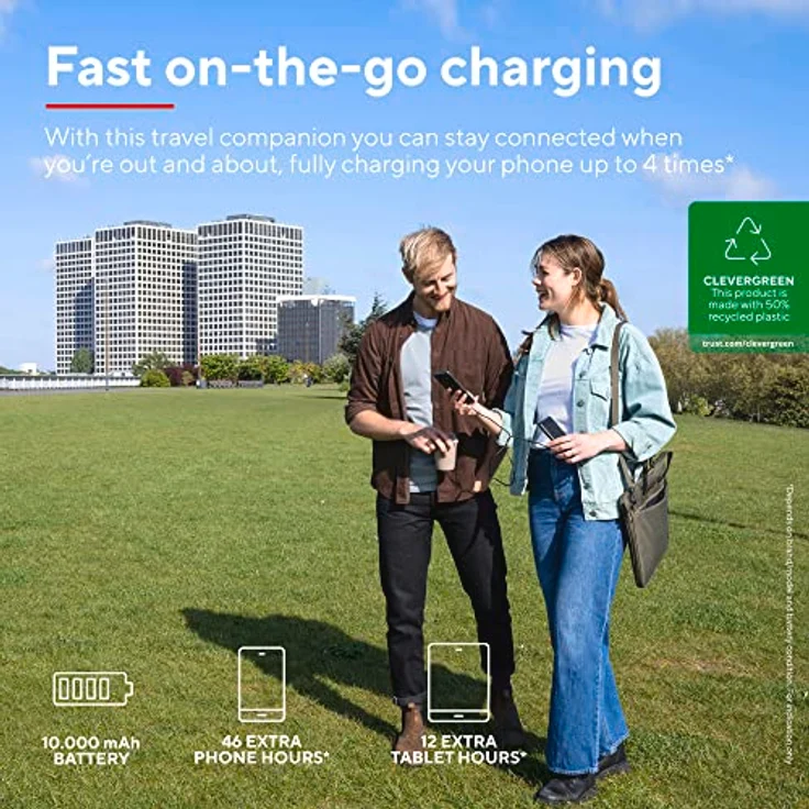 Trust Mobile Primo Dünne Powerbank Schnellladefunktion 10000 mAh, USB C Externer Akku, Tragbares Ladegerät 3A, Power Bank Handy, Smartphone, iPhone, iPad, Samsung, Xiaomi, Tablet – Bild 2